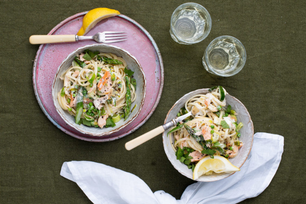 Clodagh McKenna's easy green spaghetti recipe using ingredients of creamy smoked trout, pea, mint, asparagus and leeks