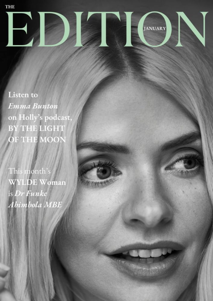 Holly Willoughby's face close up in black and white showing her freckles