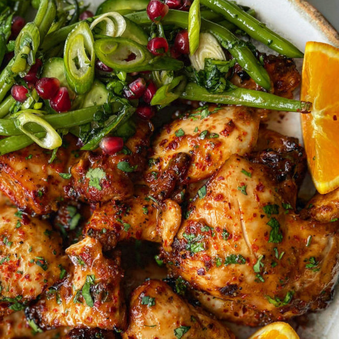 Juicy Orange and Pomegranate Chicken Thigh Fillets and Green Bean Salad