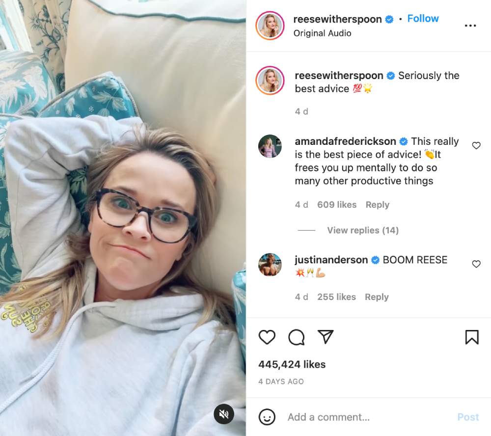 Screenshot of Reese Witherspoon's Instagram post with 'the best advice'