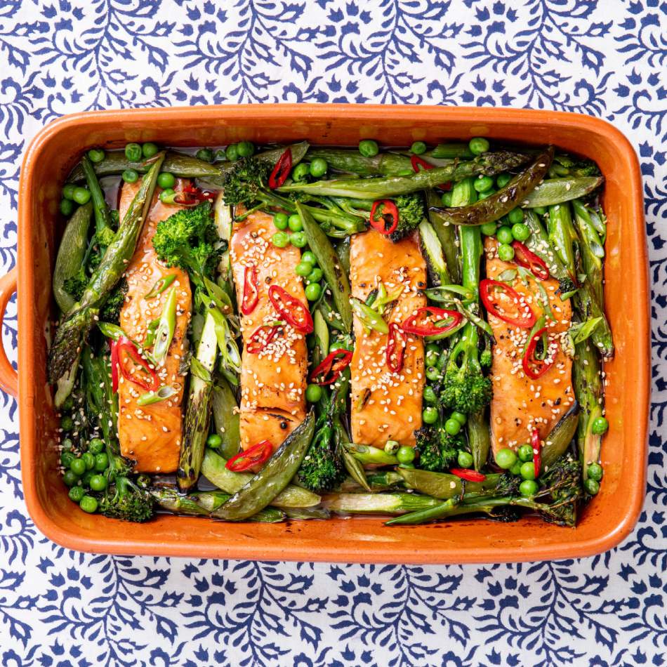 Sticky honey salmon recipe served with greens and chili