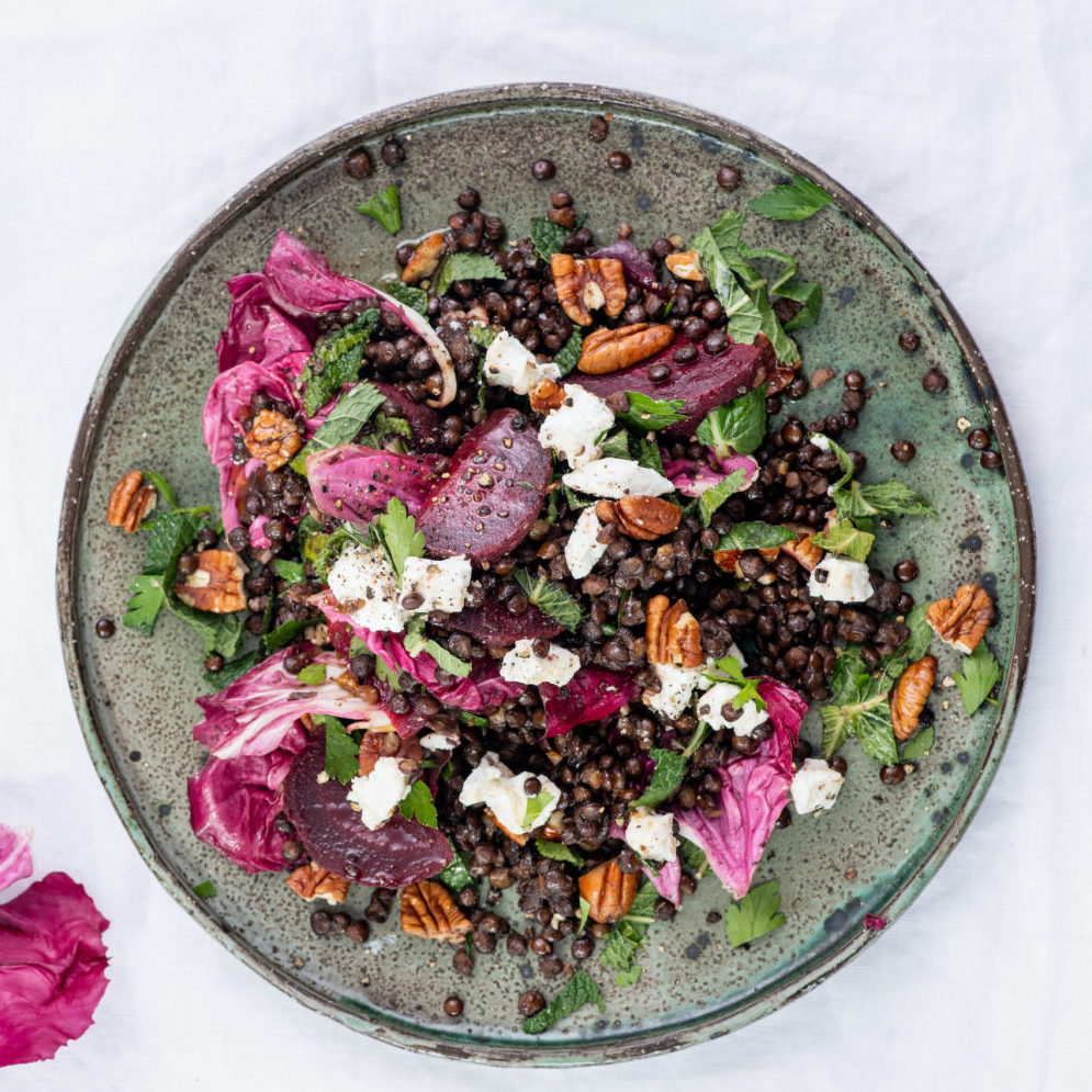 Warm Lentil Salad with Goat Cheese, Beetroot and Radicchio