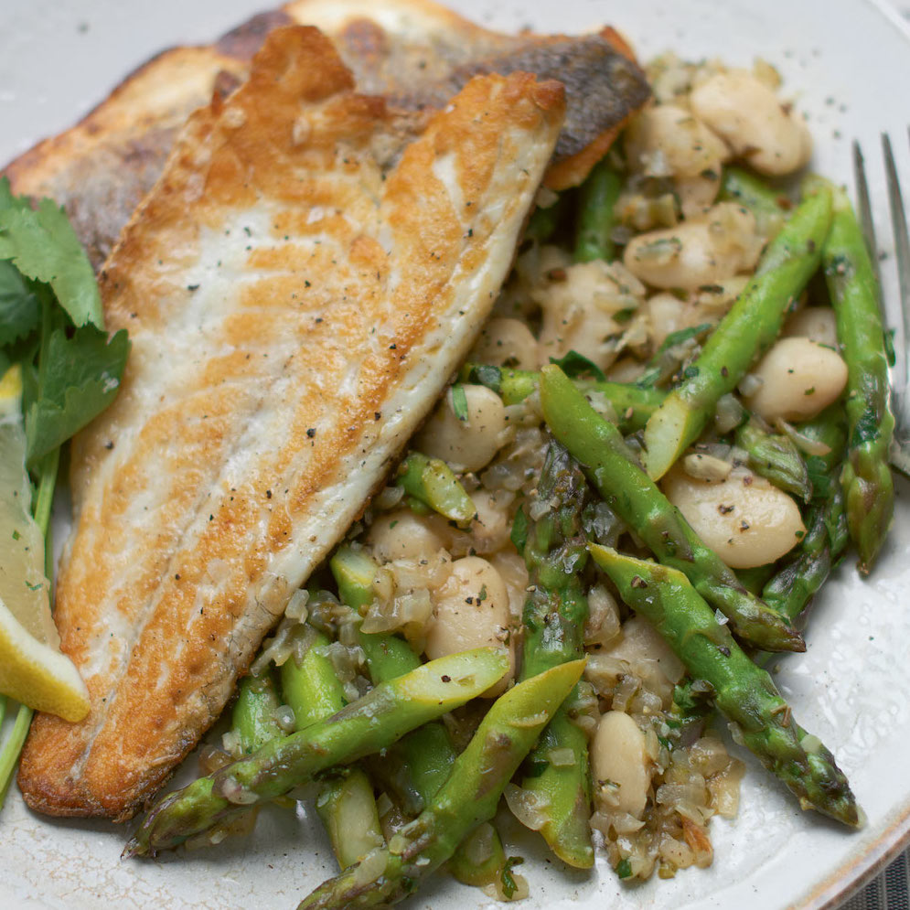 Pan-fried Sea Bass with Asparagus & Butter Beans