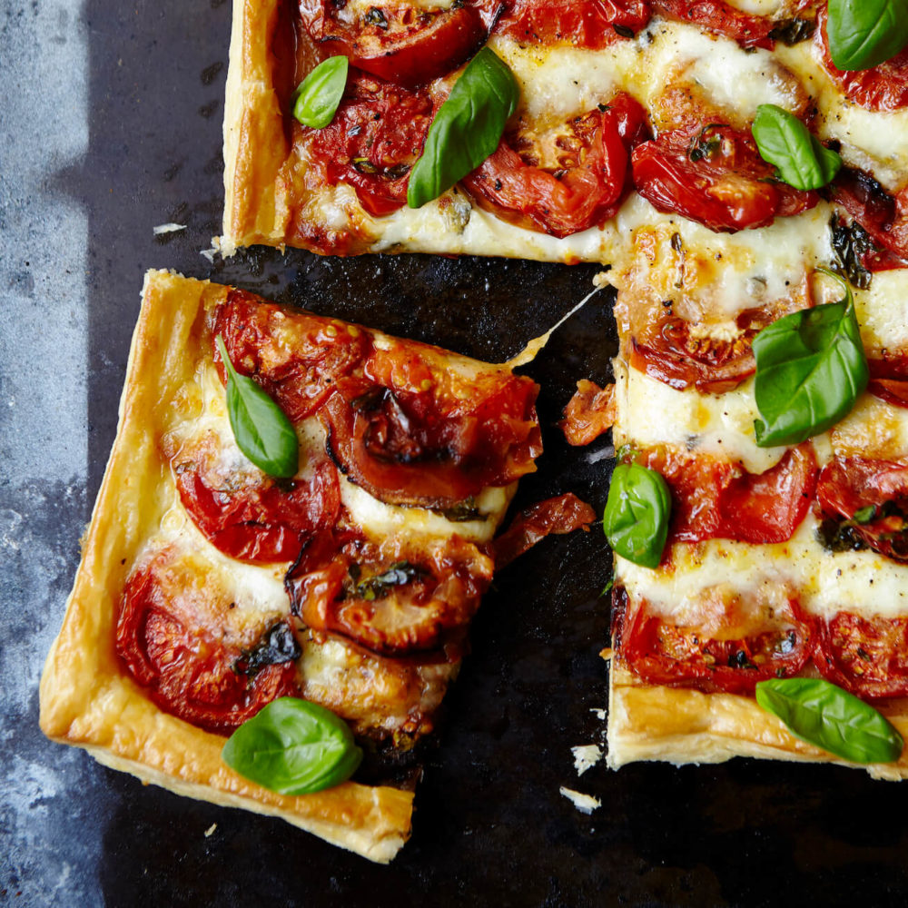 This roasted tomato and mozzarella puff pastry tart makes for elegant comfort food