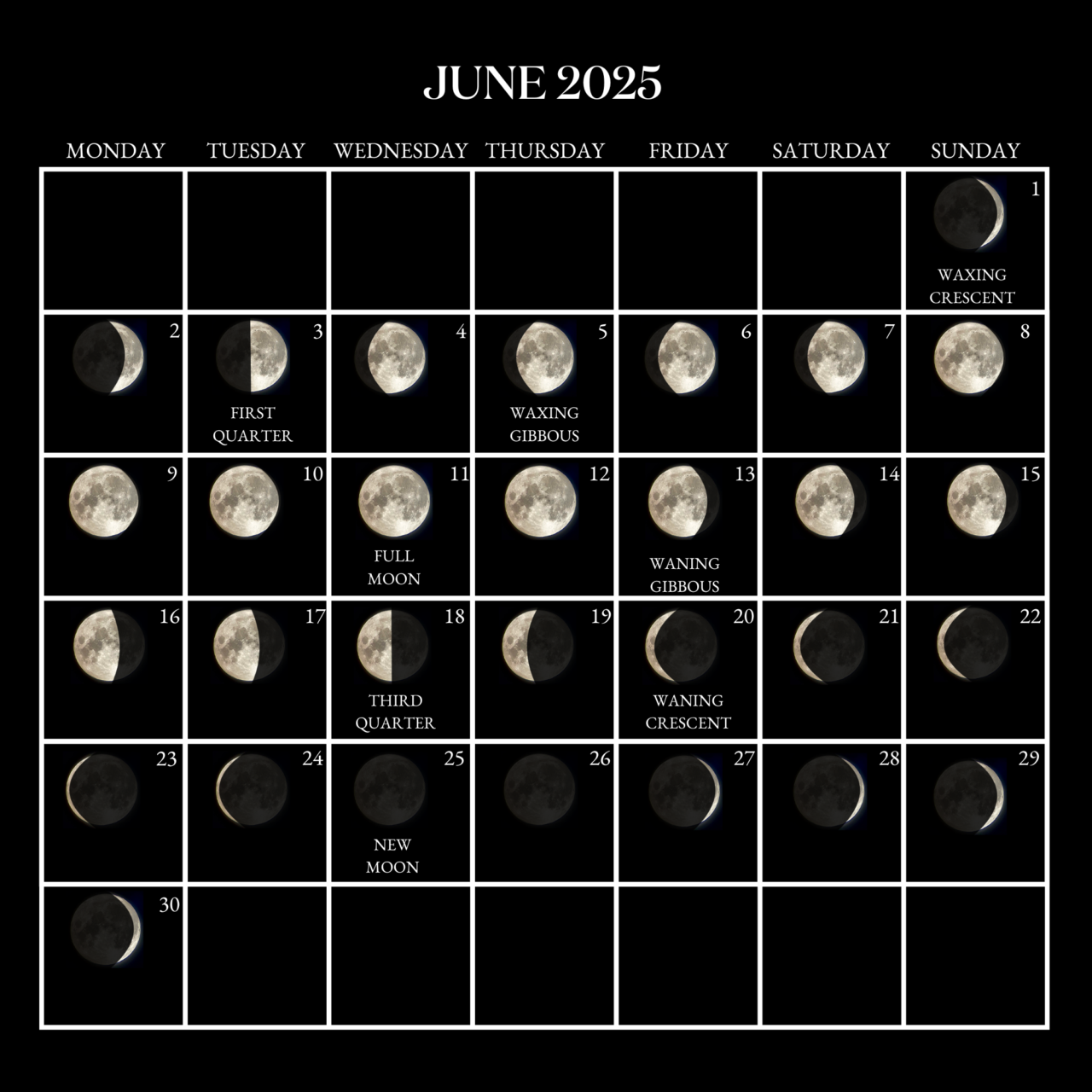 2025 Moon Calendar - every phase and stage of the moon